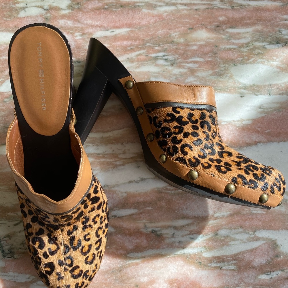 Tommy Hilfiger Leather Leopard High Heeled Mules